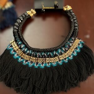 Makarlon Black and Blue Fringe Necklace with Gold Chain Embellishments